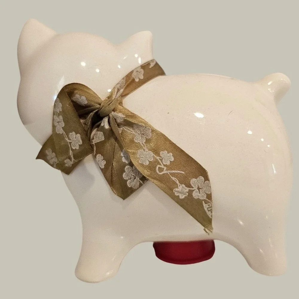 Vintage Ceramic Piggy Bank Winking Pig Off White Floral Ribbon Coin Bank